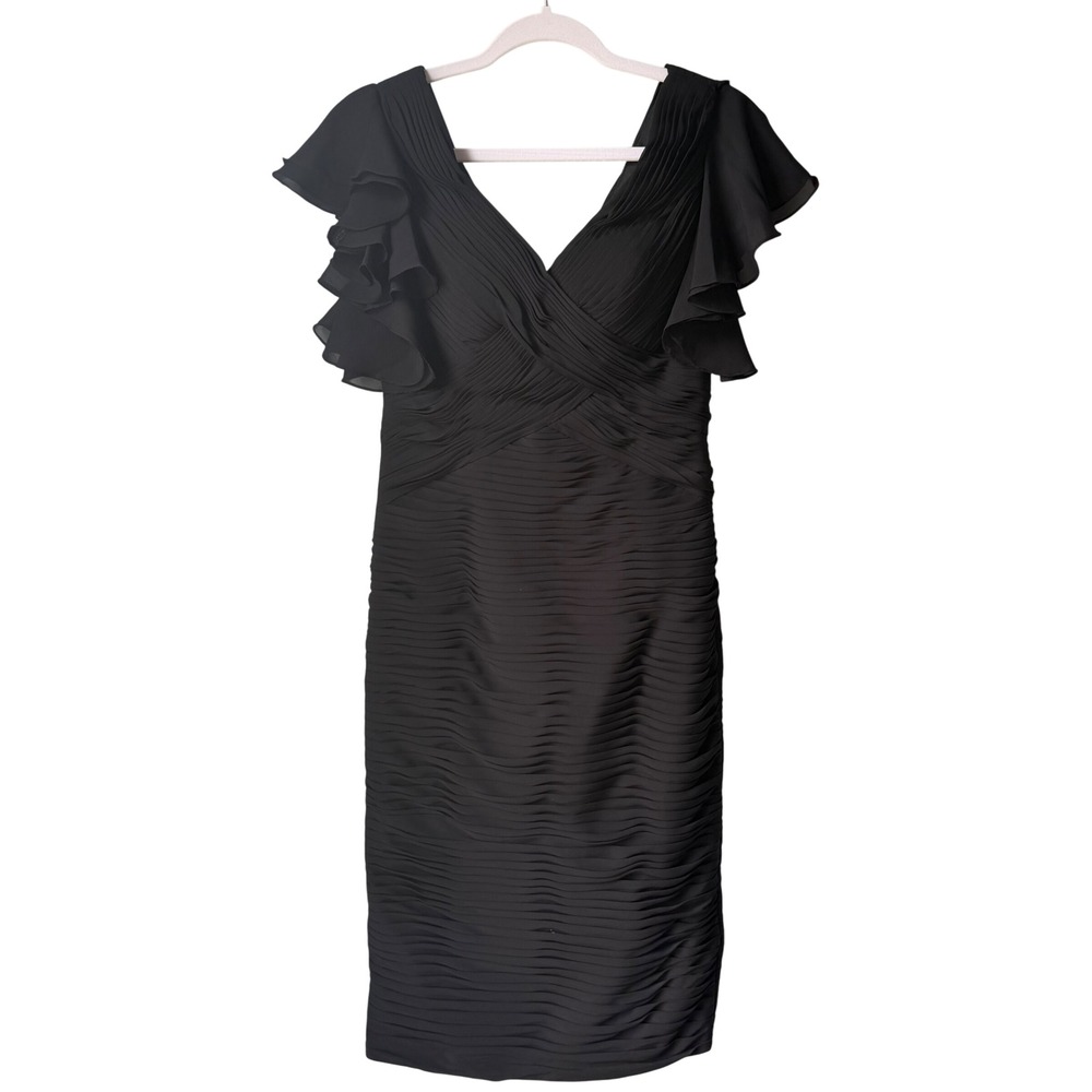 NEW VM Collection Midi Dress Black Chiffon Ruched Ruffle SLV Mother of Bride 2